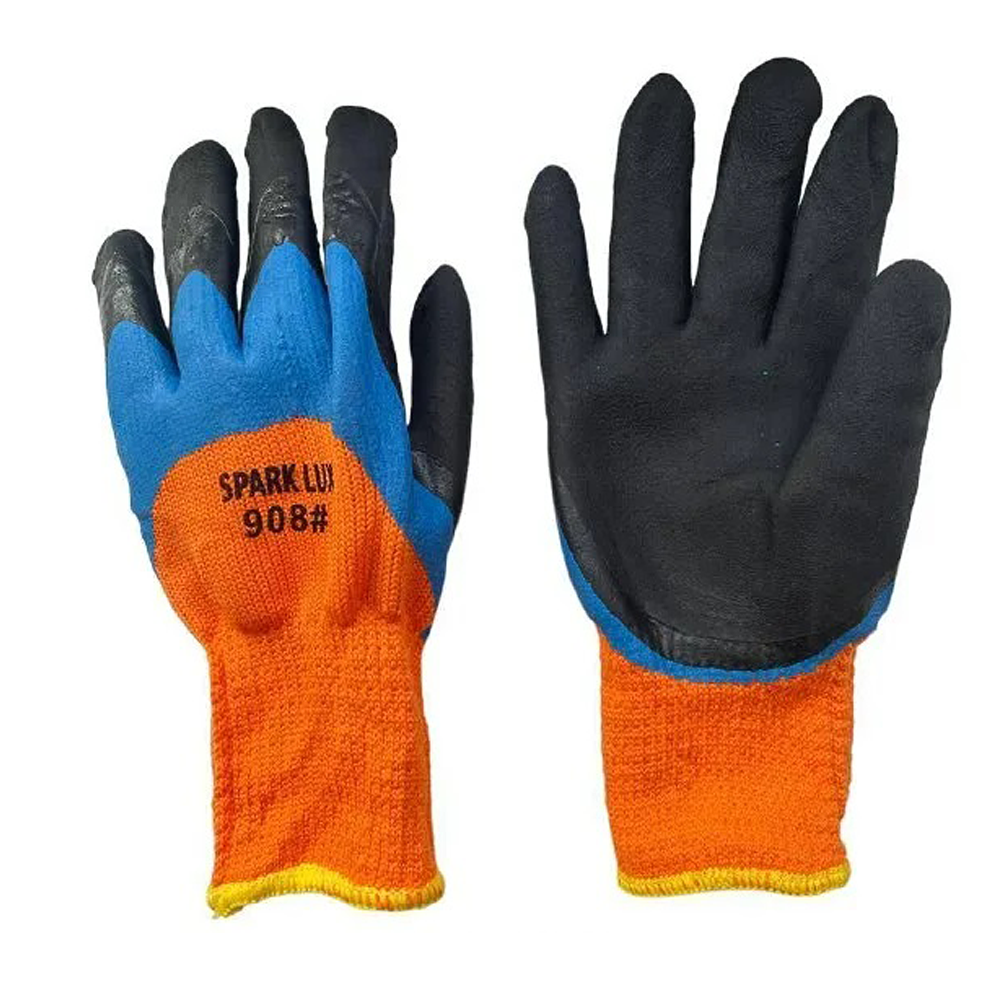 Перчатки утепленные акриловые рифленые #908 оранж-синие с черными пальцами полный облив  (10/480шт)